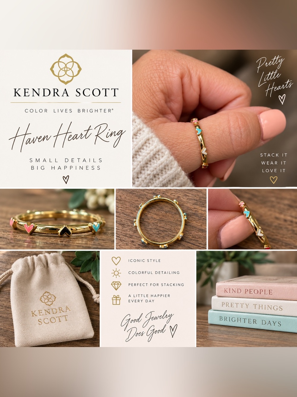 Kendra Scott Gold Multicolor Heart Band Ring – Size 9